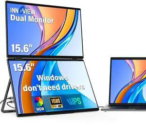 InnoView Dual Portable Monitor 15.6 Laptop Screen Extender (2025 Version) | Upgraded 1080P FHD Stacked Folding Double Monitor HDMI USB-C Portable Monitors Built-in Speakers for Laptop Windows Mac