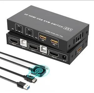 HDMI KVM Switch 1 Monitor 2 Computers 4K@60Hz,KVM Switches for Dual Computer Share Monitor Keyboard Mouse Printer Hard Drives, with EDID Adaptive, 2USB Cable Desktop Controller