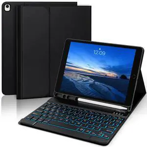 YUNPLE for iPad 9th 8th 7th Generation Case with Keyboard 10.2" - 7 Color Backlit Wireless Detachable Keyboard Cover with Pencil Holder, Compatible with iPad Pro 10.5/Air 3rd Gen (Black)