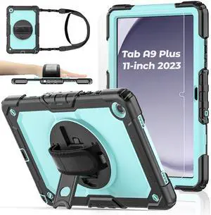 BASE MALL Case for Samsung Galaxy Tab A9+ Plus Tablet Case 11 inch 2023 [with Tempered Glass Screen Protector],360° Rotating Kickstand/S Pen Holder/Shoulder & Hand Strap (SkyBlue)