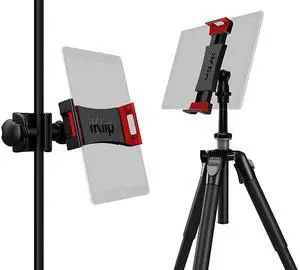 IK Multimedia iKlip 3 Deluxe Universal iPad, Stand mounts, 360 Degree Swivel, Soft-Touch Rubber Grip, Easy Insertion, Rotation, Rugged thermoplastic Design, fits 7-12. 1 Tablet, Poles to 1.2" Wide