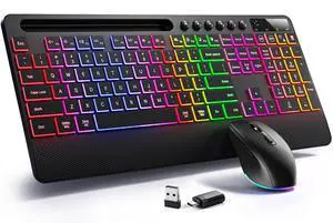 Hamile Wireless Keyboard and Mouse Combo:RGB Backlit Effects,Ergonomic Full Size Silent Keyboard,Wrist Rest,2.4G Rechargeable with Phone Holder Compatible with Windows, Mac,PC,Laptop, Black