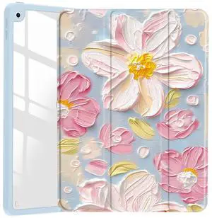 JOYLAND Texture Painting Flower Baby Blue Case for iPad mini 7th(A17 Pro) 2024 / Mini 6th Generation 8.3" 2021,Clear Transparent Acrylic Hard Back Case with Pencil Holder Trifold Stand Tablet Cover