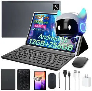 Android 15 10.1 inch Tablet M8 with Keyboard ,12GB+256GB Tablets, 8000mAh Battery, Octa-Core, Dual Camera, Widevine L1, 2.4/5Ghz Dual Band WiFi,5/13MP Cameras Bundle with Case, Mouse & Stylus (Grey)