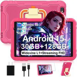 2025 Tablet 10 inch Android 15 Tablets 30GB RAM 128GB ROM 1TB Expand, 8000mAh Octa-Core Tablet with Drop-proof Case, Gemini AI, HD IPS Display, GPS, 5G WIFI, Split-screen, Widevine L1 -Metal Rose Red