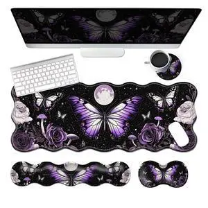 4-Piece XXL Gaming Mouse Pad Set (31.5"x11.8") with Keyboard Wrist Rest, Mouse Wrist Support & Coaster,Ergonomic Non-Slip Desk Mat for Office & Home,Purple Butterfly Flower