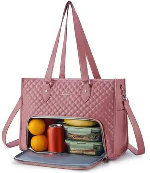 Ralnitote Laptop Tote Bag with Insulated Lunch Compartment for Women, PU Leather 15.6 Inch Work Bag, Elegant Computer Handbag, Versatile Business Tote for Office,Travel or Casual-Mauve Pink