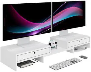 LAPTAIN Monitor Stand with 2 Drawers, Dual Monitor Stand Riser with Adjustable Length and Angle, Desktop Organizer Stand for Laptop/PC/Computer, No Assembly Required, Solid Wood