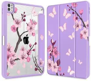 May Chen Case for iPad Pro 11-Inch M5/M4 2025/2024 (6th/5th Generation), Clear Transparent Print Back Shell Slim Stand Shockproof Tablet Cover, Auto Wake/Sleep, Pink Cherry Blossom