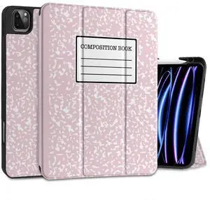 MEEgoodo for iPad Pro 12.9 Case M2 6th/5th/4th/3rd Generation 2022 2021 2020 2018 with Pencil Holder, Tablet Cover with Soft TPU Back Shell, Pink Composition Book