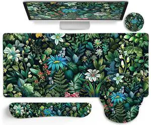 LIMKRIAN Floral Mouse Pad Large Desk Mat Set, Green Ergonomic Mouse Pad with Wrist Rest Keyboard Wrist Support XXL Mousepad Cup Coaster Set, Cute Green Office Desk Accessories Decor Supplies