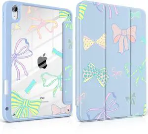 MEEgoodo Case for iPad A16 11th Generation 11 inch 2025/10th Gen 10.9 inch 2022,Cover with Transparent Acrylic Back Shell,Tablet Case with Pencil Holder+Auto Wake/Sleep+ Stand,Hand Drawn Doodles & Bow