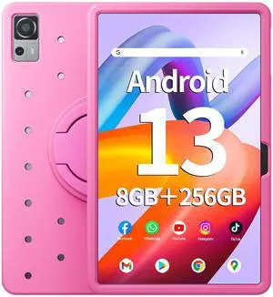 Naclud 12 Inch Tablet, 8GB RAM 256GB ROM Android 13 Tablet with Decorative Perforated Case, Octa-Core 2.0Ghz Processor, 2000 * 1200 FHD Screen, 5MP+13MP Camera, 8000mAh, GPS, WiFi, Bluetooth (Pink)