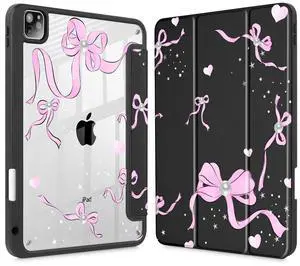 May Chen for iPad Pro 13 Inch Case M5 2025 / M4 2024, Built Pencil Holder & Clear Transparent Print Back Shell Slim Stand Shockproof Tablet Cover, Auto Wake/Sleep, Black Pearl Bow
