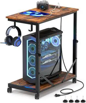 Akxomel 25.2" W PC Stand, 25.2"- 29.9" H Adjustable Computer Tower Stand with Charging Station, Mobile Rolling PC Cart for Floor with Hooks, CPU Holder for Gaming, Office, Rustic Brown