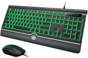 Wired Keyboard and Mouse Combo, Backlit Computer Keyboards with Wrist Rest, Light Up Keyboard Easy to See, 7-Color Backlit Keyboard and Optical Mouse for Windows, PC, Laptop, USB Plug and Play