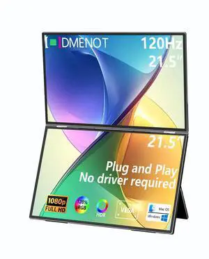 odmenot 21.5" 120Hz Dual Portable Monitor 120% sRGB 1080P HDR Extender Folding Stacked Display for Windows Mac Work Gaming Office Triple Screens W/Stand & VESA for Laptop PCNo Driver (215)