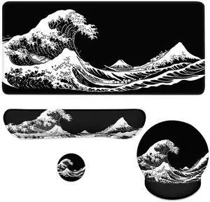 Wave Mouse Pad Set Japanese Black White Mount Fuji Kanagawa Gaming Mousepad 4in1 Desk Mat for Desktop Anti-Slip XXL Big Computer Ergonomic Mousepad with Wrist Support for Keyboard and Mouse