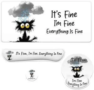 Black Cat Mouse Pad Set It's Fine I'm Fine Everything is Fine Gaming Mousepad 4in1 Desk Mat for Desktop Anti-Slip XXL Big Computer Ergonomic Mousepad with Wrist Support for Keyboard and Mouse