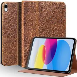 Une Diffe Leather Case for iPad (A16) 11th Gen. 2025 11 Inch, iPad 10th Gen.2022 10.9 Inch, Full Grain Leather Cover with Auto Sleep/Wake, Anti Slip, Brown Flower