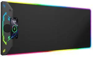 Gaming Mouse Pad RGB, 35"x15.8" Large Keyboard Desk Mat with Magnetic Wireless Charging for iPhone, 24 Light Effects, Non-Slip Base, Waterproof Ultra-Smooth Surface, with Adapter, Black
