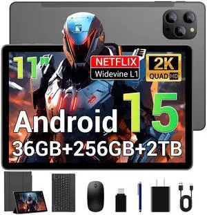 WITFOCUS Tablet Android 15 Tablet, 11 Inch 2K FHD Display Tablets, 36GB RAM 256GB ROM, Octa-Core T615, 2-in-1 with Keyboard, 8000mAh,5G WiFi & 16MP Camera, Widevine L1 Netflix HD for Streaming Gray