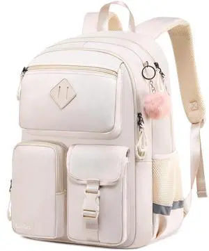 Kuosdaz School Backpack for Teen Girls, Cute College Backpacks for Women Kids Students Bookbag 15.6 Inch Laptop Bag Middle School Back Pack, Beige