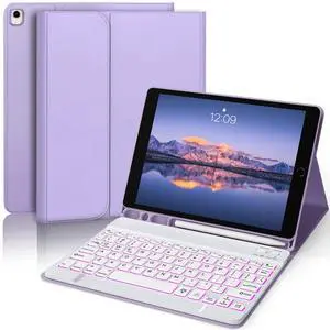 YUNPLE for iPad 9th 8th 7th Generation Case with Keyboard 10.2" - 7 Color Backlit Wireless Detachable Keyboard Cover with Pencil Holder, Compatible with iPad Pro 10.5/Air 3rd Gen (Purple)