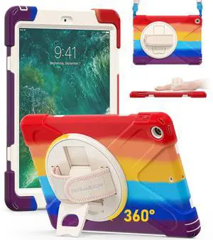 BRAECN for iPad 9.7 Case Kids, iPad 6th/5th Generation Cases, Heavy Duty Rugged Kids Case with Hand Strap Kickstand Pencil Holder Shoulder Strap for Apple iPad 9.7 Inch A1893/A1954/A1822/A1823-Rainbow
