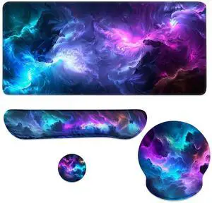 Galaxy Mouse Pad Set Abstract Cosmic Neon Nebula Universe Gaming Mousepad 4in1 Desk Mat for Desktop Wrist Support Cup Coaster Set Ergonomic Computer Desk Arm Wrist for Decor Home Office