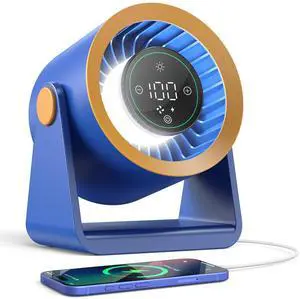 Ausic Powerful Desk Fan Utra-quiet for Bedroom, 15200mAh Small Turbo Bedside Fans for Cooling and Sleep, Personal Battery Powered USB Fans With LED Light, Digital Display, 105° Tilt (Blue)