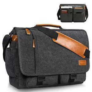 ESTARER Messenger Bag 17.3 Inch, Mens Computer Bag Water-resistant Canvas, Laptop Bag Satchel Briefcase for Teacher/College/Work/Travel, Dark Grey