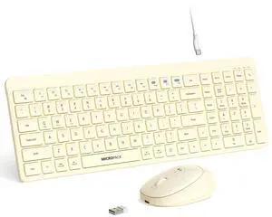 Wireless Keyboard and Mouse Combo for Desktop Mac iPad Bluetooth 2.4 Ghz Rechargeable Ultra Silent Click with Number Pad Compatible with Pc, Laptop, Tablet (Cream)