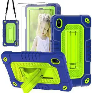 JBuwsdan for Walmart Onn 7 inch Tablet 2024 Model 100135924 Kids Friendly Soft Silicone Hard Back Hybrid Cover & Adjustable Shoulder Strap Kickstand + 2Pcs Screen Protector (Navygreen+2Pcs)