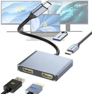 USB C to DisplayPort and HDMI Adapter 4-in-1 with 100W PD & USB 3.0 Support Splitter Extended Display for Type C Devices, MacOS Only Mirrors Same Screen(SST), Windows Extend Two Different Screen