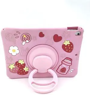 IPad 9th 8th 7th Generation Case 10.2 inch for Girls Women, UFAINEI Cute Kawaii 3D Cartoon Strawberry Girly Silicone Case Cover for 10.2&10.5 inch with Rotating Stand&Shoulder Strap-Pink