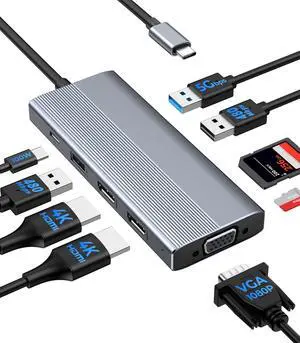 GIISSMO USB C Docking Station 3 Monitors HDMI Adapter for Dell HP Lenovo, 9 in 1 Laptop Docking Station 3 Monitors USB C Hub with 2 HDMI 4K Ports + VGA + 100W PD Charging + 3 USB + SD/TF Card Reader