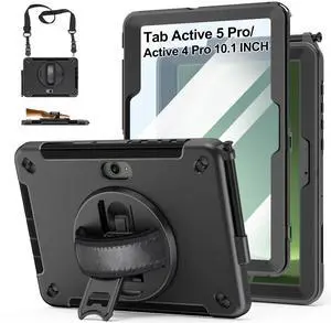 Case for Galaxy Tab Active 5 Pro 2025/4 Pro 2022/2019 10.1 Inch: TPU Cocer with Stand- Screen Protector -Hand Strap - Shoulder Strap - Pencil Holder - Black
