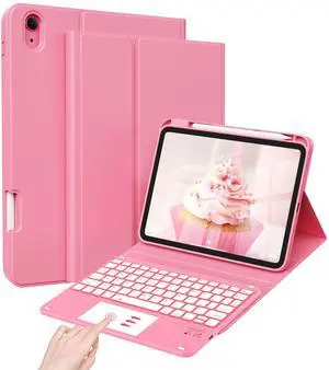 JKSML Case for iPad 10th/11th (A16) Gen with 7 Colors Backlight Touchpad Keyboard and Pencil Holder, Detachable Wireless Bluetooth Trackpad Keyboard, Rose Pink