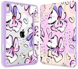 Mektron Printed Case for iPad mini 7 (A17 Pro) 2024/ Mini 6 2021, iPad mini 7th/6th Generation Case, Buit in Pencil Holder with Clear Back Shell + Trifold Stand + Auto Wake/Sleep, Pink Flowers