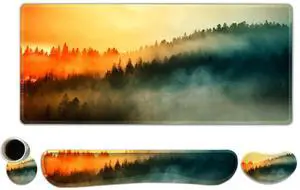 Lauspuck Keyboard Mouse Pad Set, Extended Gaming Mouse Pad +Keyboard Wrist Support +Mouse Wrist Rest +Coaster, 35.4x15.7 in XXL Large Ergonomic Desk Mat 4in1 Set for Home Office, Sunset Misty Forest