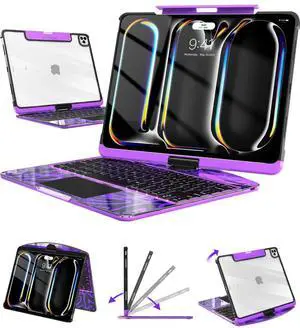 Auupgo Wireless Keyboard Case for iPad Pro 13" (M5/M4, 2025/2024), Transparent Protective Cover with 7-Color Backlit Keyboard, 360° Rotating Stand, Multi-Touch Trackpad and Pencil Holder, Purple