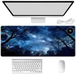 Heated Mouse Pad Hand Warmer, Warm Desk Pad Mousepad Desk Mat with 3 Levels Heating and Auto Shut Down 31.5 x 13 inch PU Leather Warmer Keyboard Mat for Gaming Laptop Office Home, Art Galaxy Forest