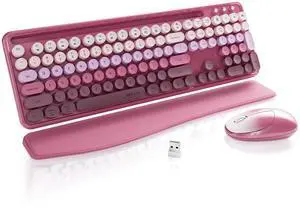 FCPLU xUBOTIE Wireless Keyboard and Mouse, Colorful 104-Key QWERTY with Round Keys, Phone Holder, Wrist Rest, Power Buttons, 2.4GHz USB for PC Laptop(Rose Red Gradient)