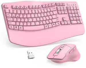 Wireless Keyboard and Mouse Combo, 2.4G Full Size Wave Keys Ergonomic Keyboard with Wrist Rest and 3-Level DPI Adjustable Wireless Ergonomic Mouse for Windows, Mac OS Desktop/Laptop/PC(Pink)