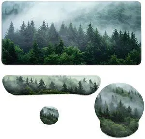 Misty Forest Mouse Pad Set Green Pine Tree Landscape Gaming Mousepad 4in1 Desk Mat for Desktop Wrist Support Cup Coaster Set Ergonomic Computer Desk Arm Wrist for Decor Home Office