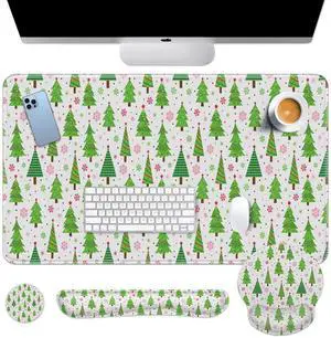 Britimes Keyboard Mouse Pad Set Winter Green Pine Tree Pink Snowflakes 4in1 Large Mousepad+Keyboard Wrist Rest+Mouse Wrist Rest+Coaster Set with Ergonomic Design for Home Office Computer 35.4x15.7In