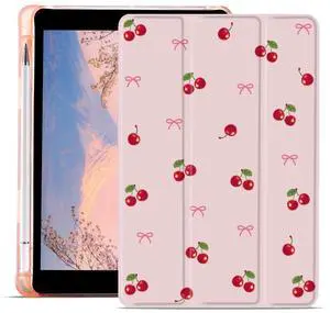 JOYLAND Kawaii Cherry Bow Case for iPad 9th/7th/8th Generation(2021/2020/2019) 10.2 Inch with Pencil Holder Girly Pink Leather Case Soft TPU Tablet Shockproof Cover Auto Wake/Sleep