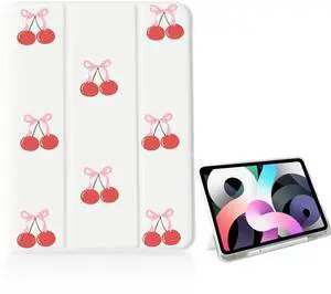 Girly Cute Cherry Tie Case for iPad 11 inch (A16 Chip) 2025 Generation 11th/iPad 10.9 inch 2022 10th Gen with Pencil Holder and Auto Sleep/Wake,White Leather Soft TPU Back Shell Stand Cover