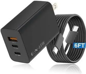 65W USB C Charger, 3 Ports GaN Fast Charging Block with 6FT Type-C Cable, DJI 65w Portable Charger for DJI Neo, Air 3S, Mini 4K, Mini 2 SE, Avata 2, Mavic 3 Drones, MacBook Pro/Air/Laptop/Steam Deck